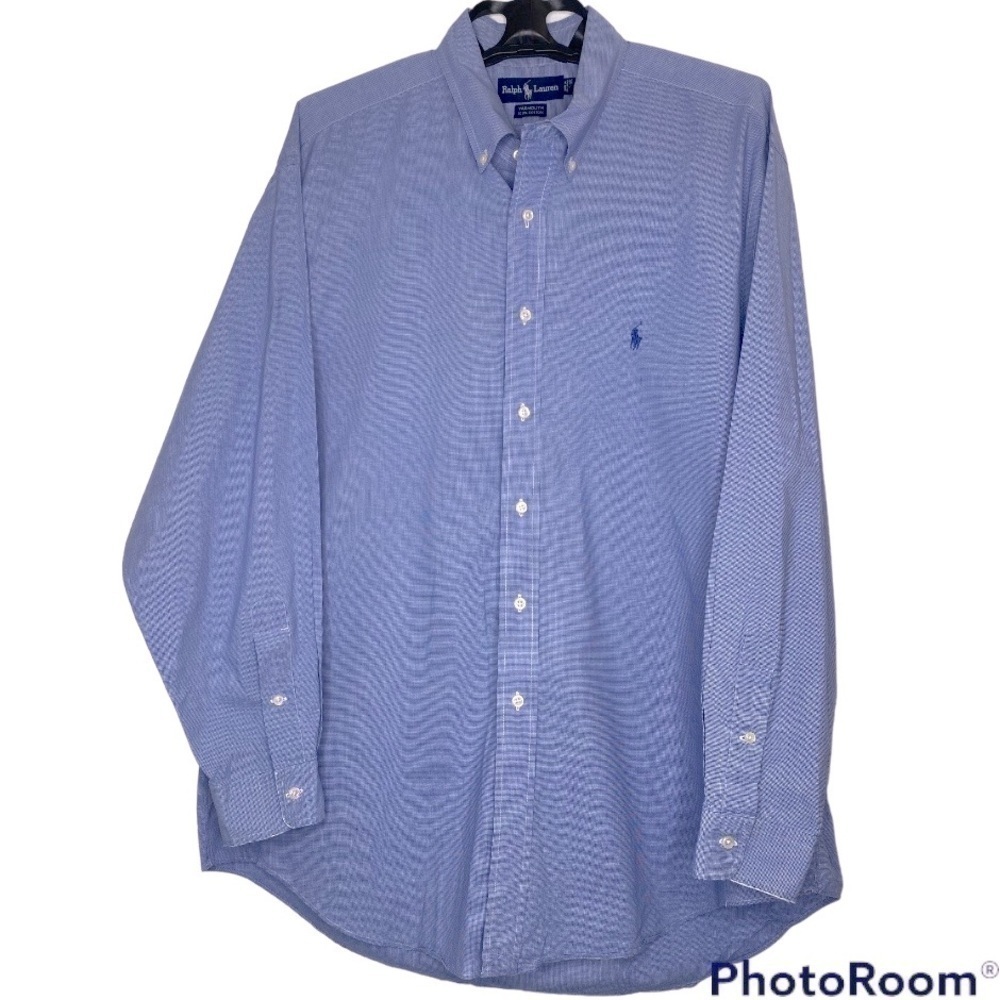 Ralph Lauren Yarmouth 100% Cotton Long Sleeve Blue Dress Shirt Size 17.5/35